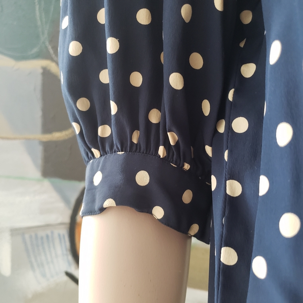 Albert Nipon | Silk Polka Dot Dress with Tie and Pleated Detail - Picture 9 of 16